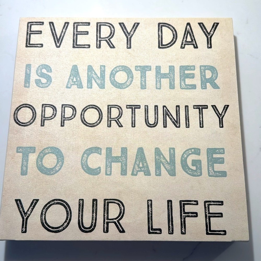 Wall Art 10” Square Wrapped Canvas by Louise Carey, blue and black lettering
